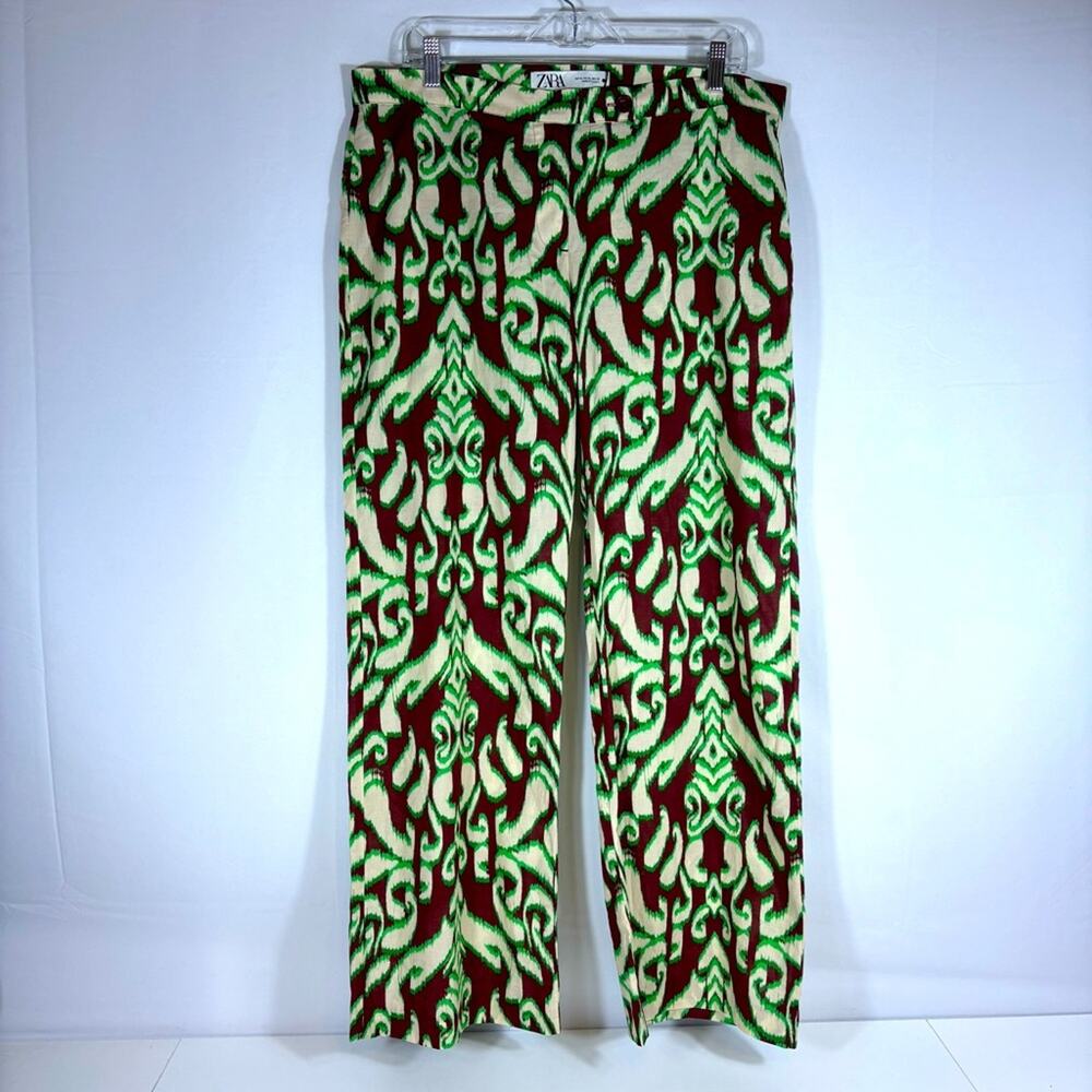 NWT Zara Green & Brown Light Weight Patterned Trousers Size XL F0110